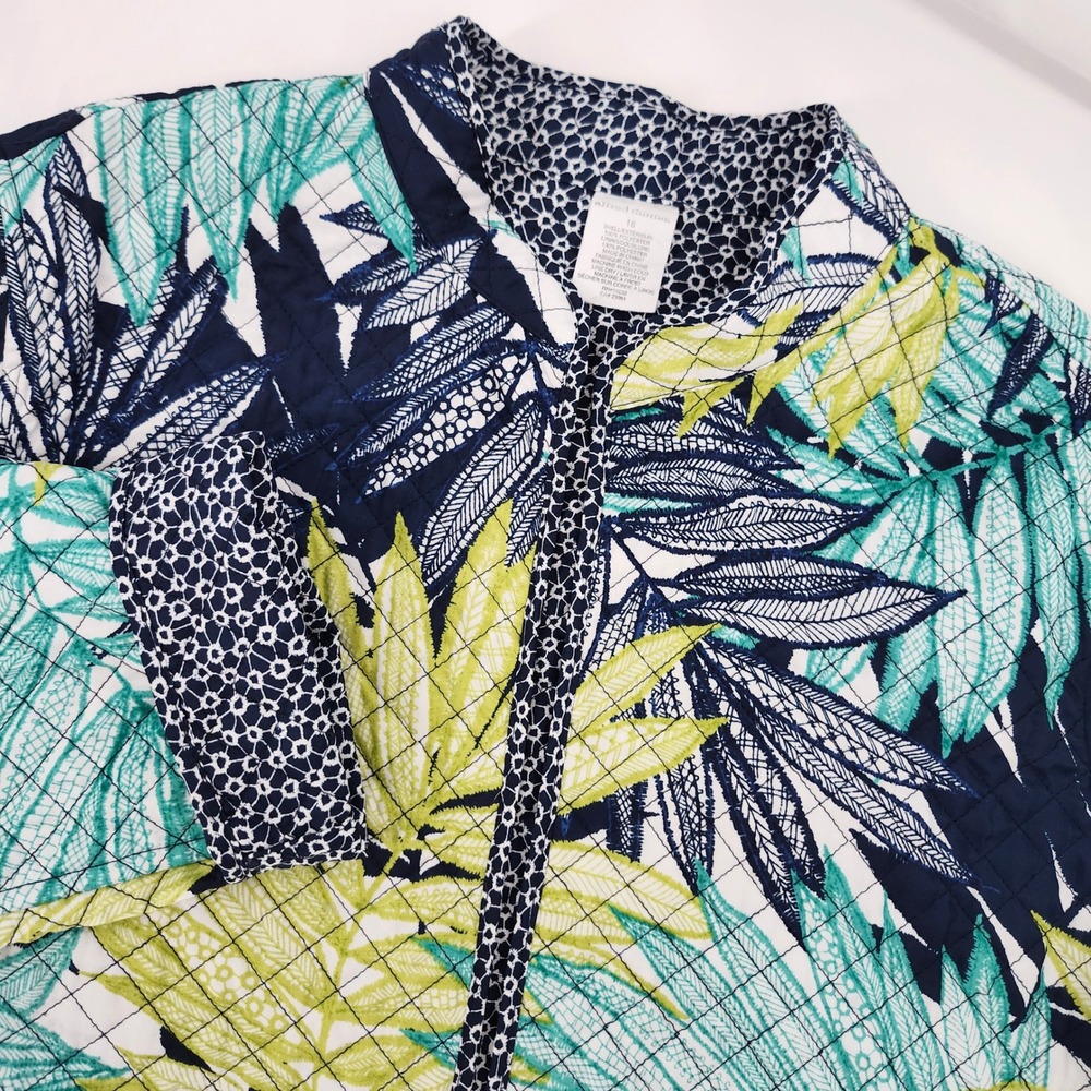 Alfred Dunner Womens Vibrant Quilted Jacket Size 16 Blue Green Tropical Leaf